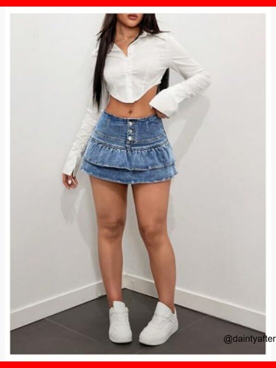 Denim Short Skirt with Ruffle Hem, Button Front, High Waist A-Line Mini - Picture 5 of 5